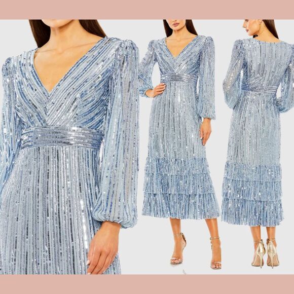 Mac Duggal Dresses & Skirts - NWT MAC DUGGAL [ 8 ] 23006 Long‎ Sleeve Deep V Tiered Ruffle Sequin Dress Slate